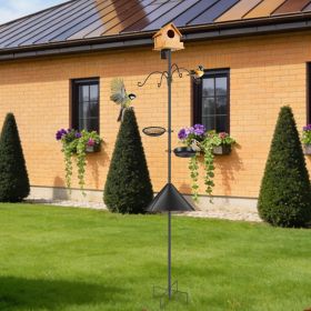 Adjustable Bird Feeder Pole Stand, Heavy Duty Iron Bird Feeding Station with Squirrel Proof Baffle, Multiple Hooks & Brackets for Bird Feeders