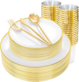 EI 180pcs White and Gold Plastic Plates,Gold Plastic Plates for Party,Fancy Plate Disposable Dinnerware Sets