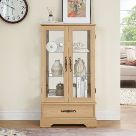 Glass Cabinet Lighted Glass Cabinet Curio Display Cabinet with Adjustable Glass Shelves 2 Doors and 1 drawer Cabinet Bulb Included Cherry (Material: MDF+glass, Color: Oak)